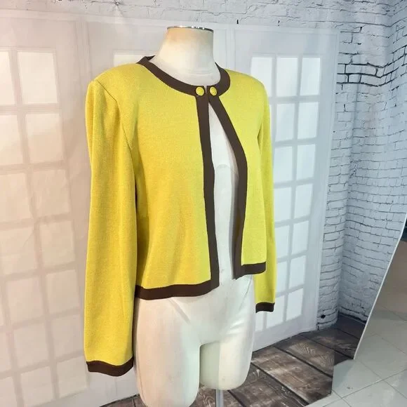 St John collection yellow knit brown trim cardigan size 12 - Picture 2 of 10
